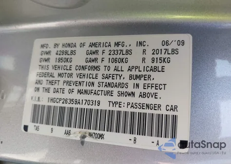 2009 Honda Accord 2.4 Lx from USA, damaged, VIN 1HGCP26359A170319